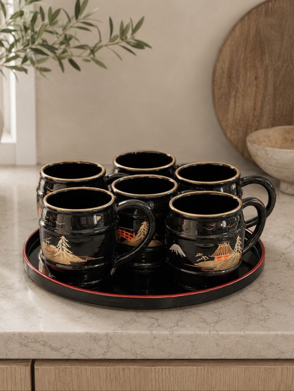 Vintage Midcentury Japanese Black Lacquer Cups and Tray